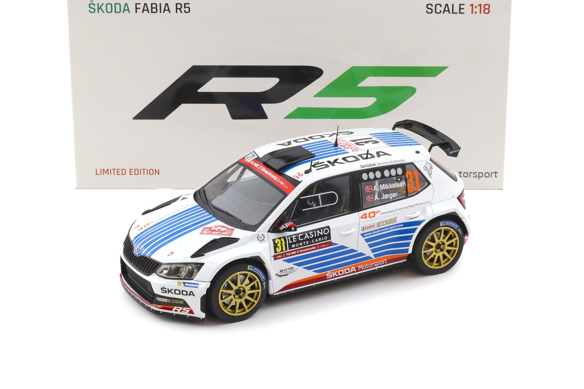 1:18 FOX18 Skoda Fabia R5 Winner WRC Rally Monte Carlo 2017 #31 Mikkelsen