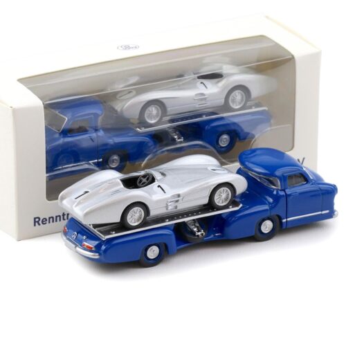 1:64 Norev Mercedes Renntransporter Blaues Wunder + Mercedes W196 Streamliner #1