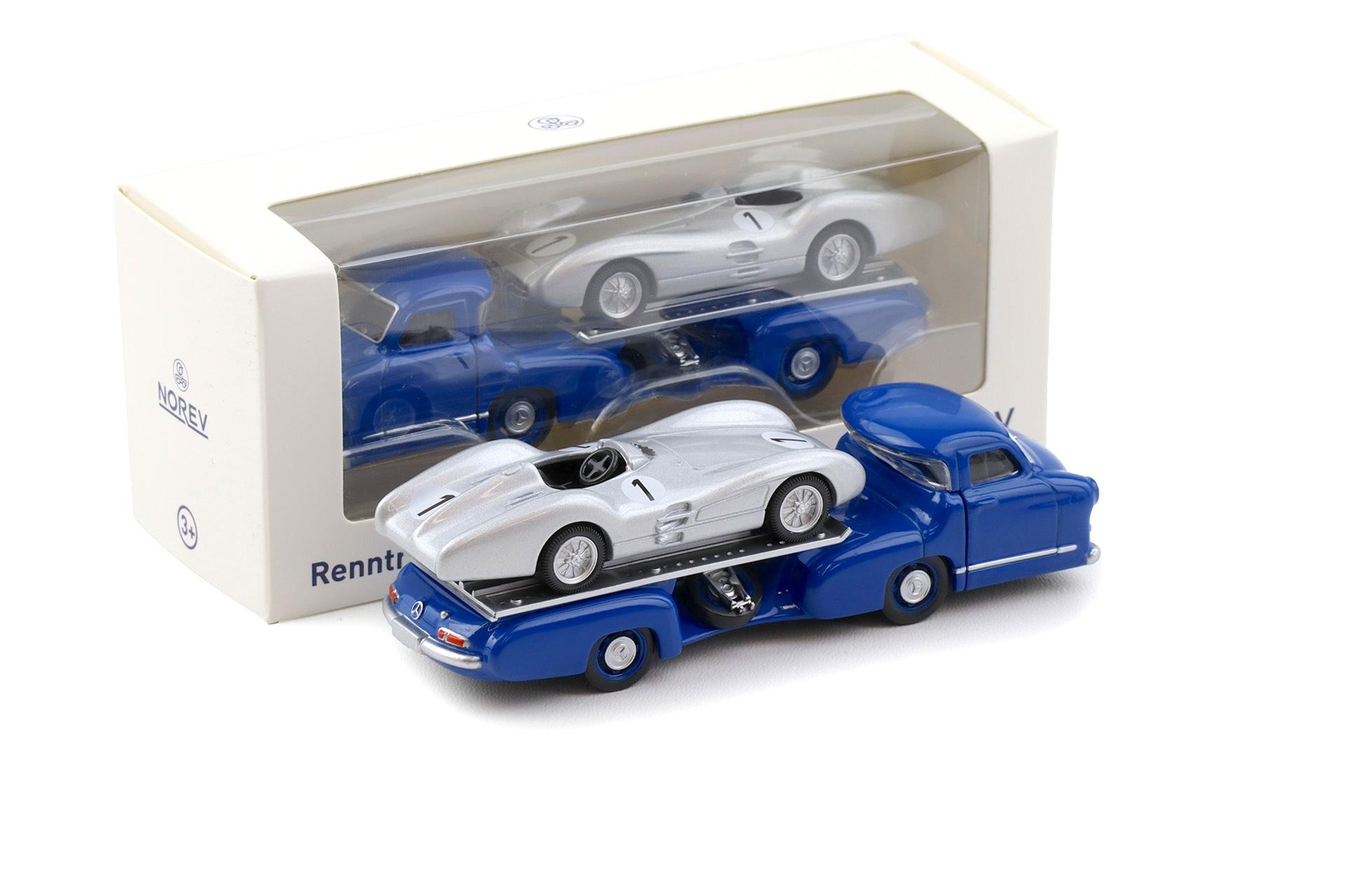 1:64 Norev Mercedes Renntransporter Blaues Wunder + Mercedes W196 Streamliner #1