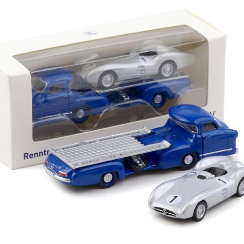 1:64 Norev Mercedes Renntransporter Blaues Wunder + Mercedes W196 Streamliner #1