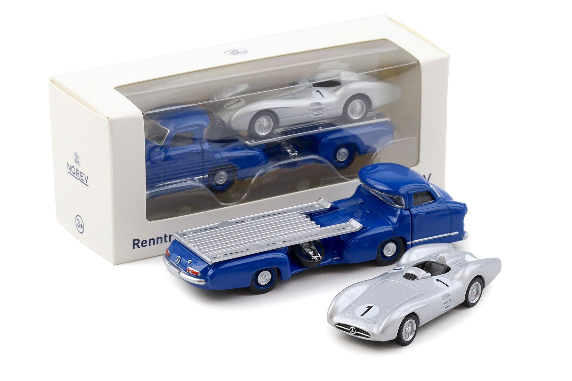 1:64 Norev Mercedes Renntransporter Blaues Wunder + Mercedes W196 Streamliner #1