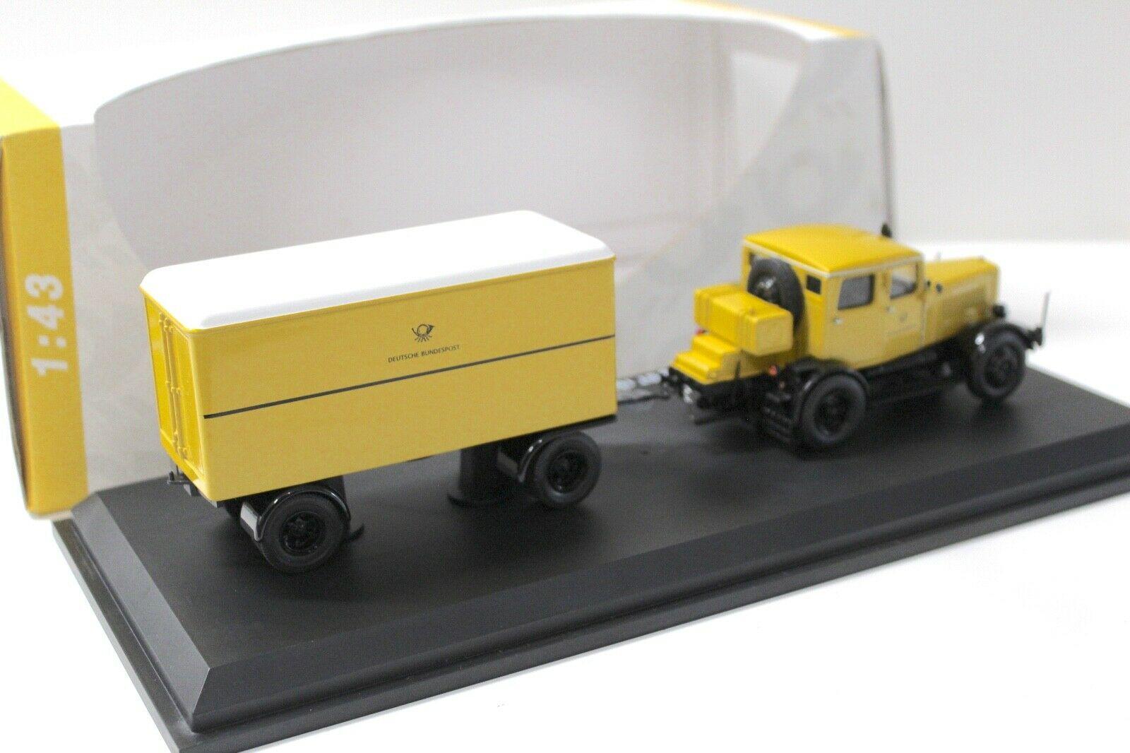 1:43 Schuco Hanomag ST 100 Zugmaschine mit Anhänger Deutsche Post yellow
