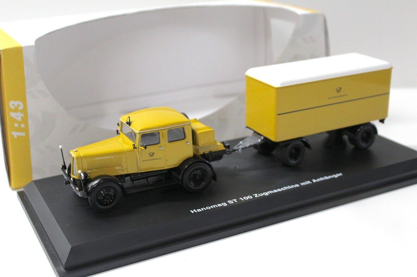 1:43 Schuco Hanomag ST 100 Zugmaschine mit Anhänger Deutsche Post yellow