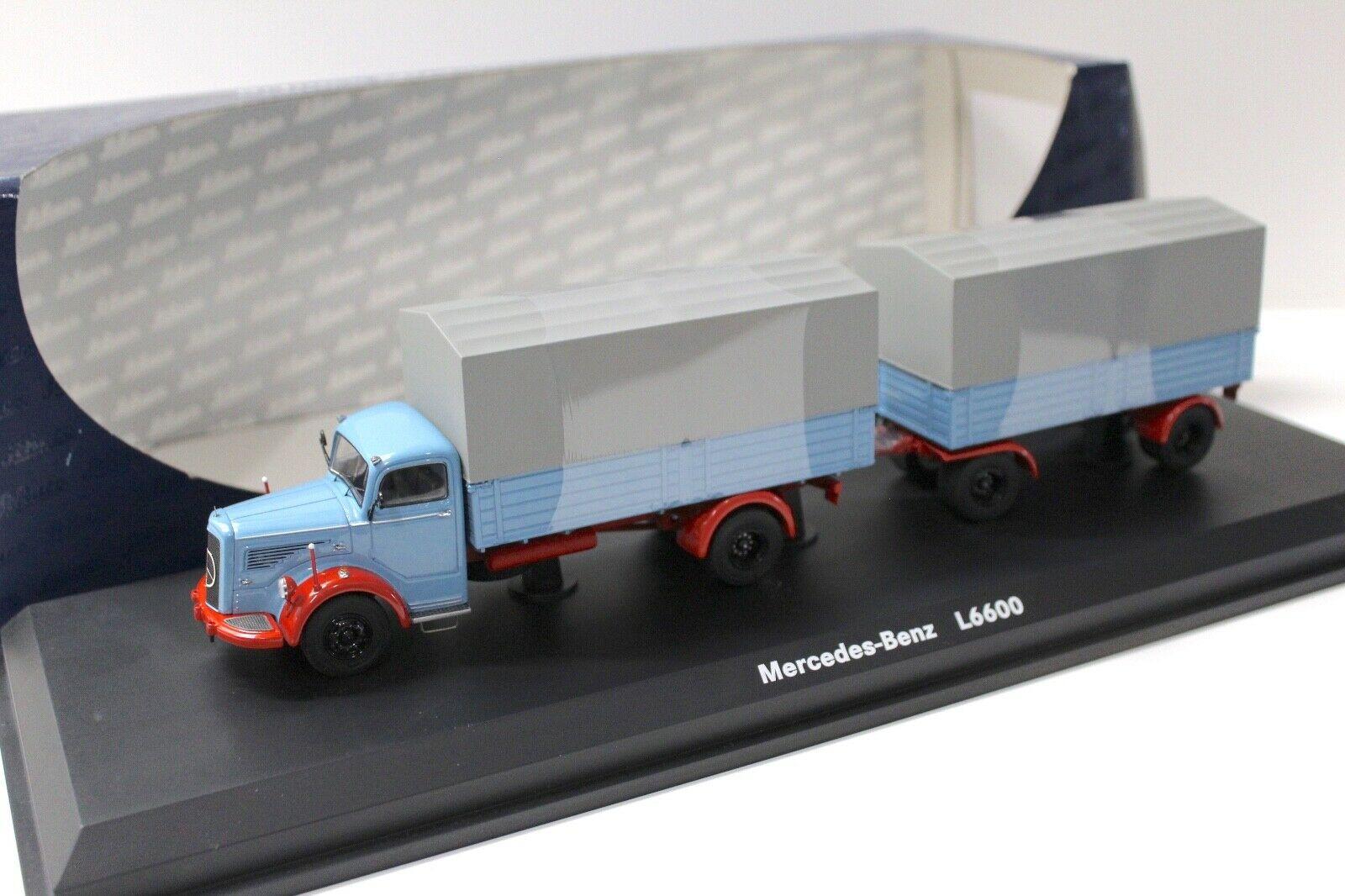 ID 51205 orig 1.jpg 1:43 Schuco Mercedes L6600 mit Anhänger Plane blue