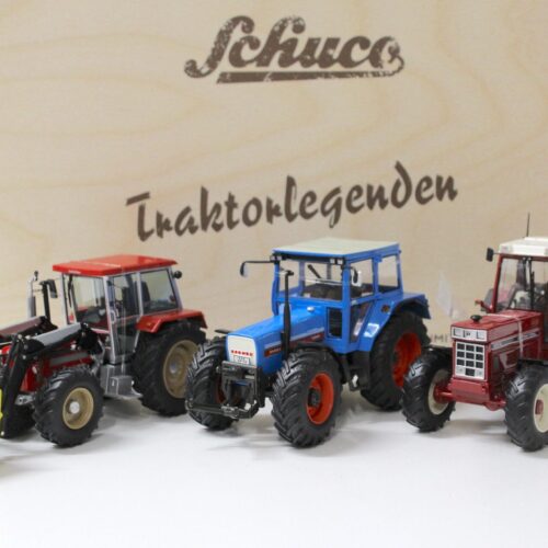 1:32 Schuco SET Traktorlegenden Eicher 3125, Schlüter 1250, IHC 1255 + HOLZ BOX