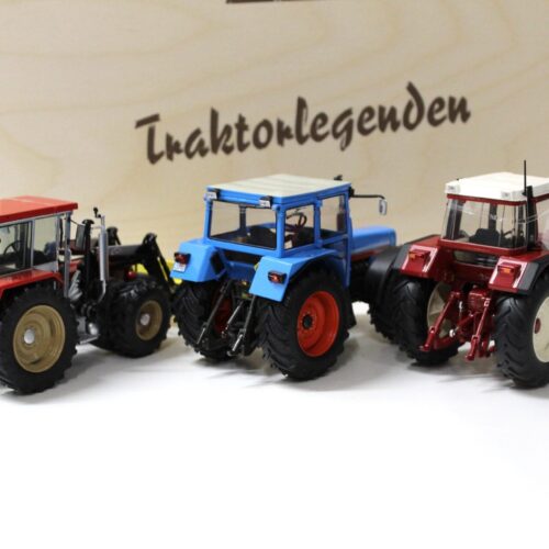 1:32 Schuco SET Traktorlegenden Eicher 3125, Schlüter 1250, IHC 1255 + HOLZ BOX