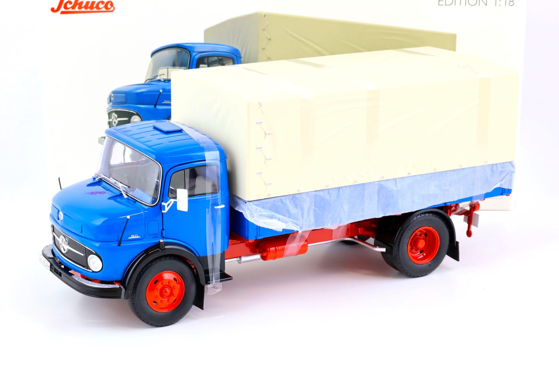 ID 70407 orig.jpg 1:18 Schuco Mercedes L911 Pritsche + Plane LKW blue Die-Cast