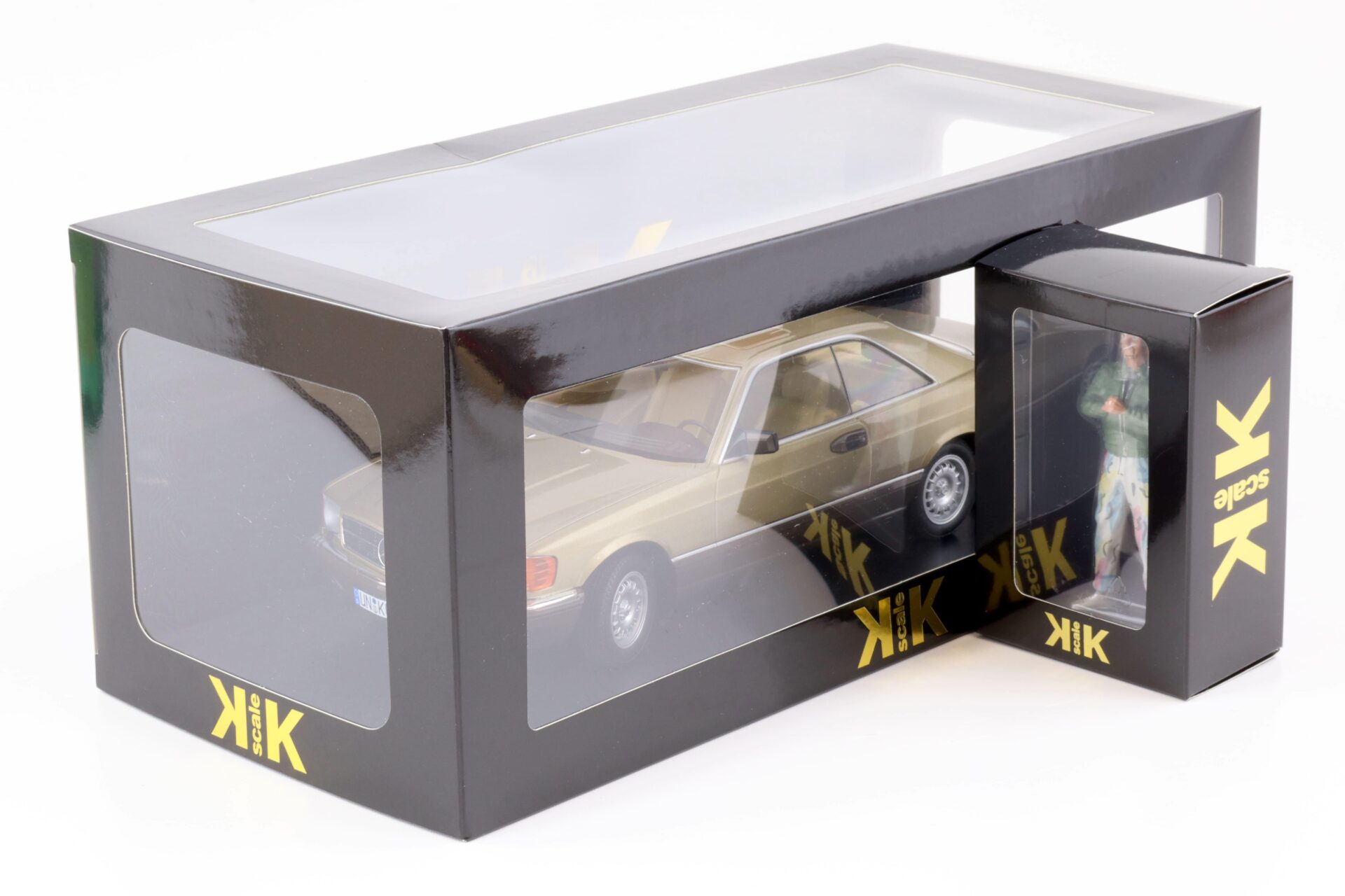 1:18 KK Scale SET Mercedes 500 SEC C126 Coupe + Figur Kalle BANG BOOM BANG