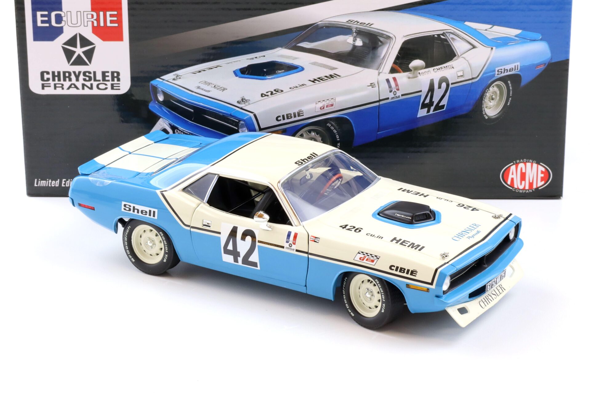 1:18 ACME 1970 Plymouth Barracuda #42 Chrysler of France Henri Chemin #42
