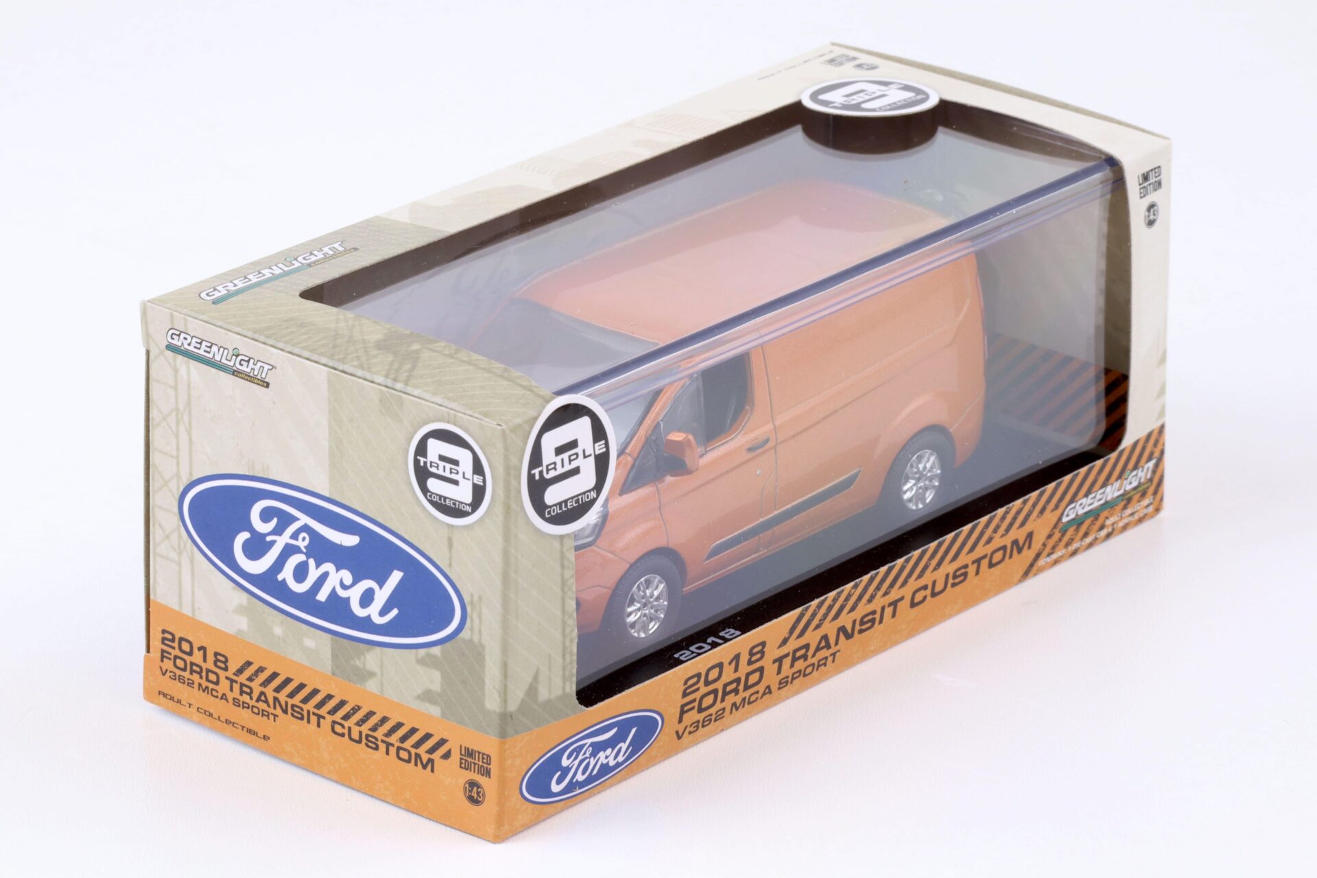 1:43 Greenlight 2018 Ford Transit Custom V362 MCA Sport VAN Kasten orange glow