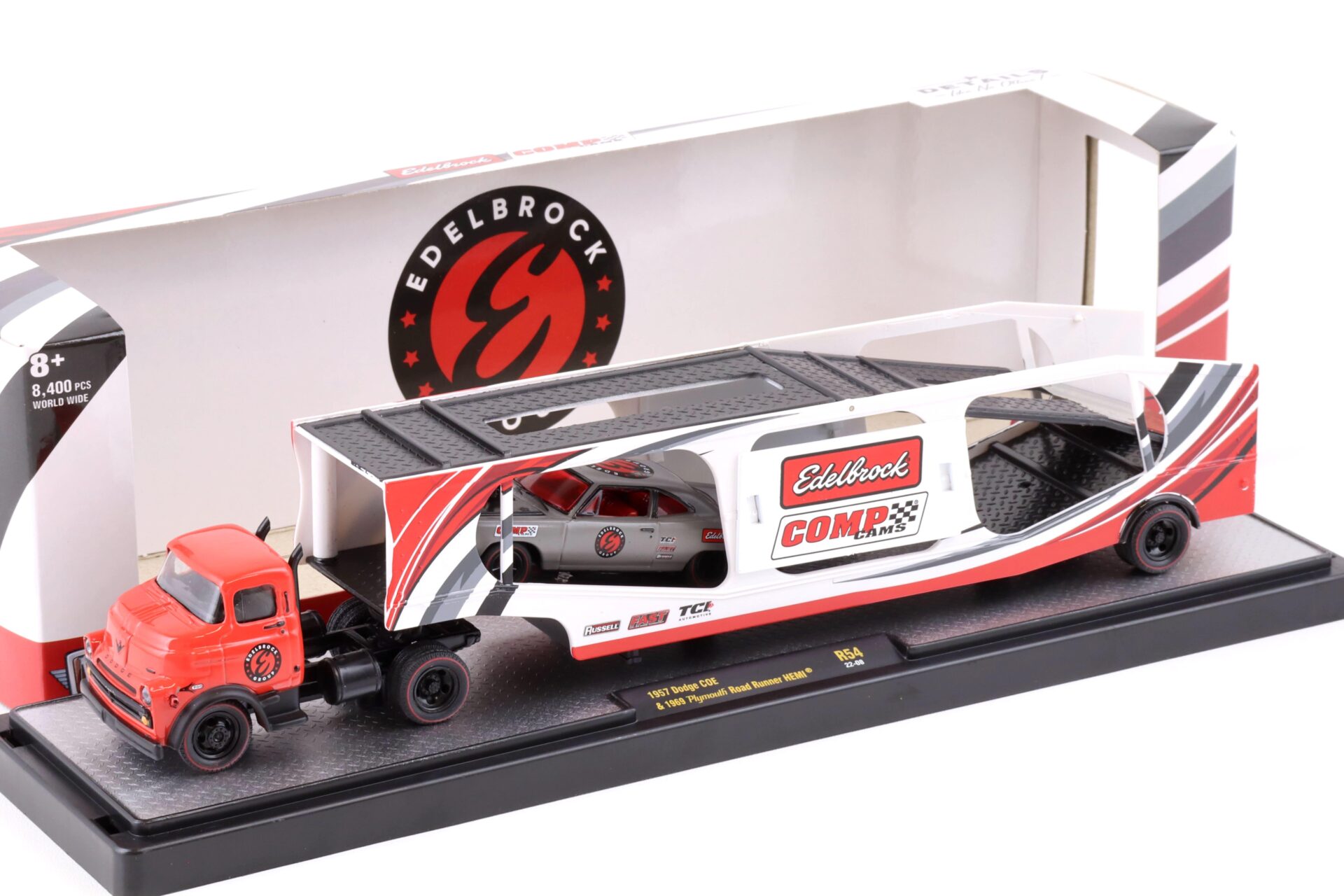 ID 73700 orig.jpg 1:64 M2 Machines 1957 Dodge COE car hauler & 1969 Plymouth Road Runner EDELBROCK