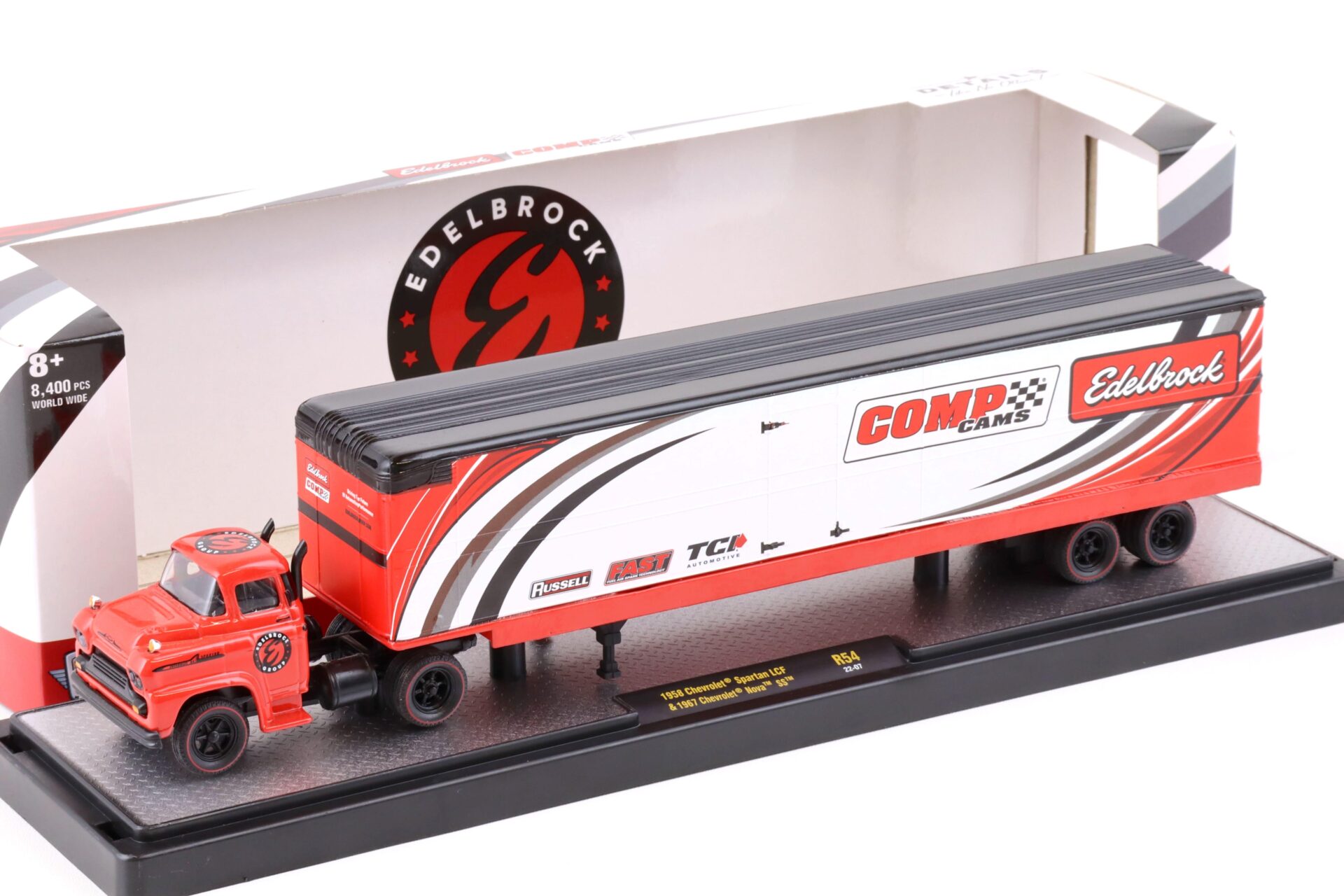 ID 73703 orig.jpg 1:64 M2 Machines 1958 Chevrolet Spartan LCF car hauler & 1967 Chevrolet Nova SS EDELBROCK