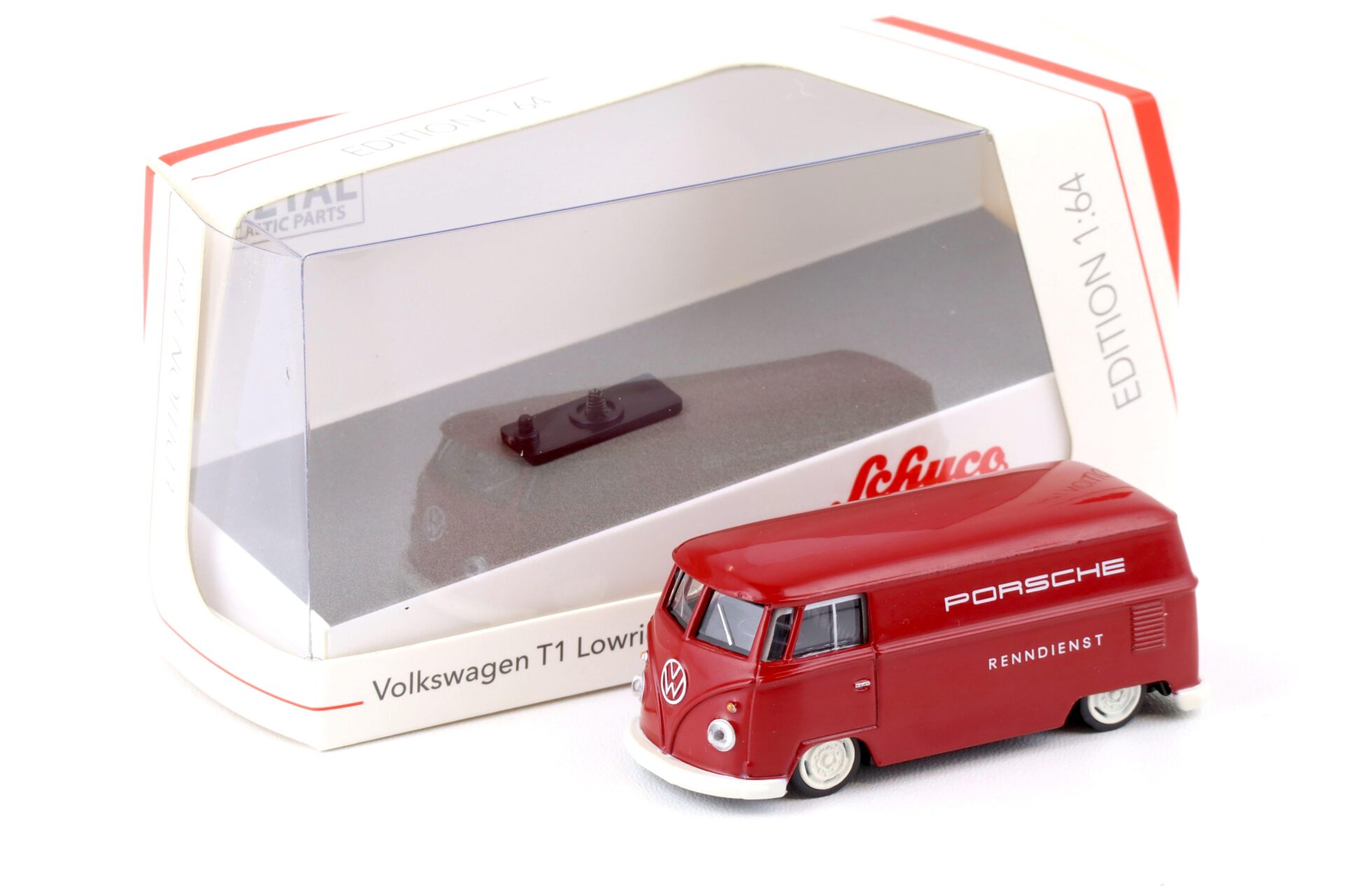 ID 74396 orig.jpg 1:64 Schuco VW T1 Bus Lowrider Porsche Renndienst red