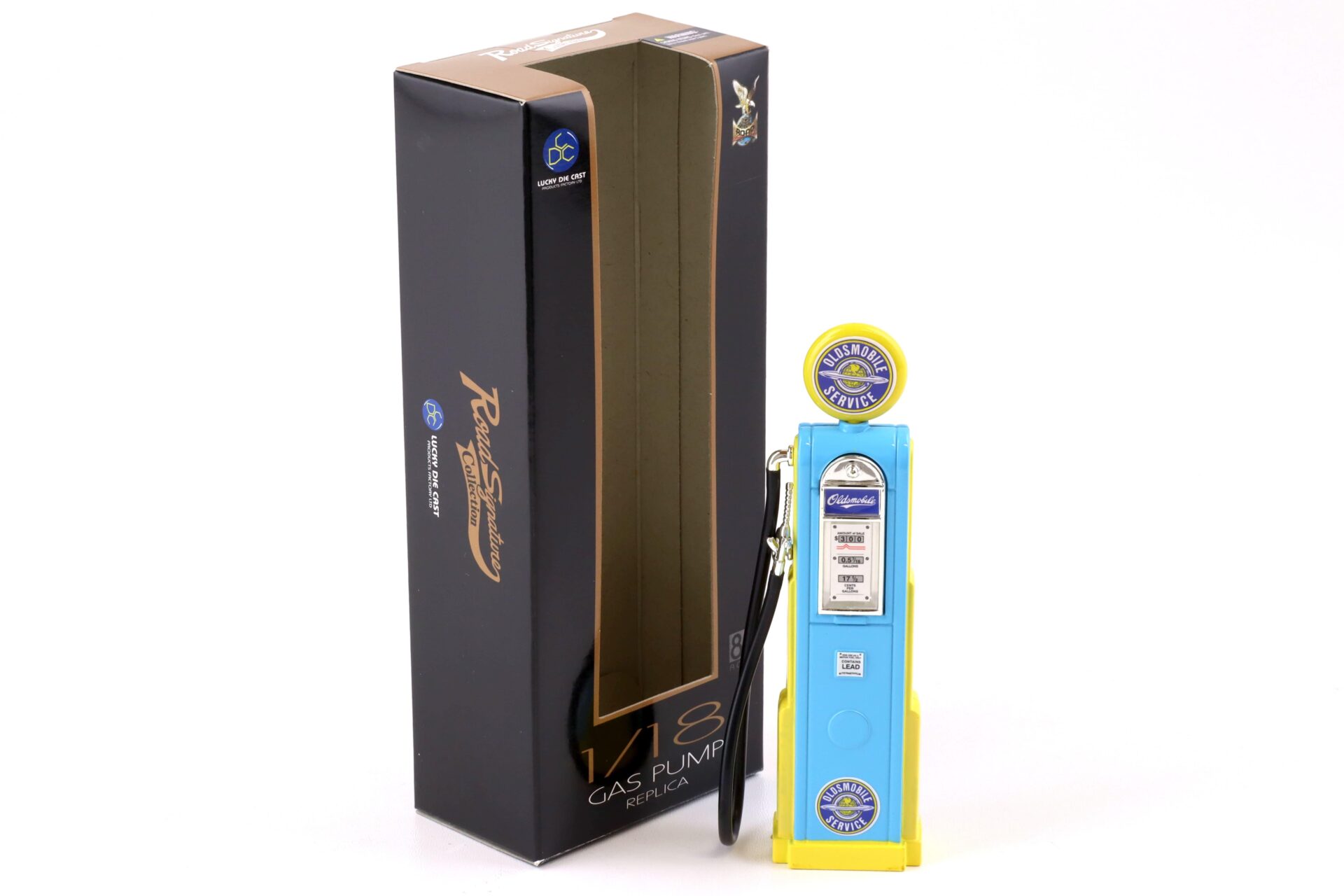 ID 75035 orig.jpg 1:18 Road Signature Gas Zapfsäule Pump Oldsmobile Service blue / yellow