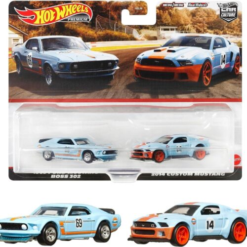 1:64 Hot Wheels 2023 Premium 2-Pack 1969 Ford Mustang Boss + 2014 Mustang GULF