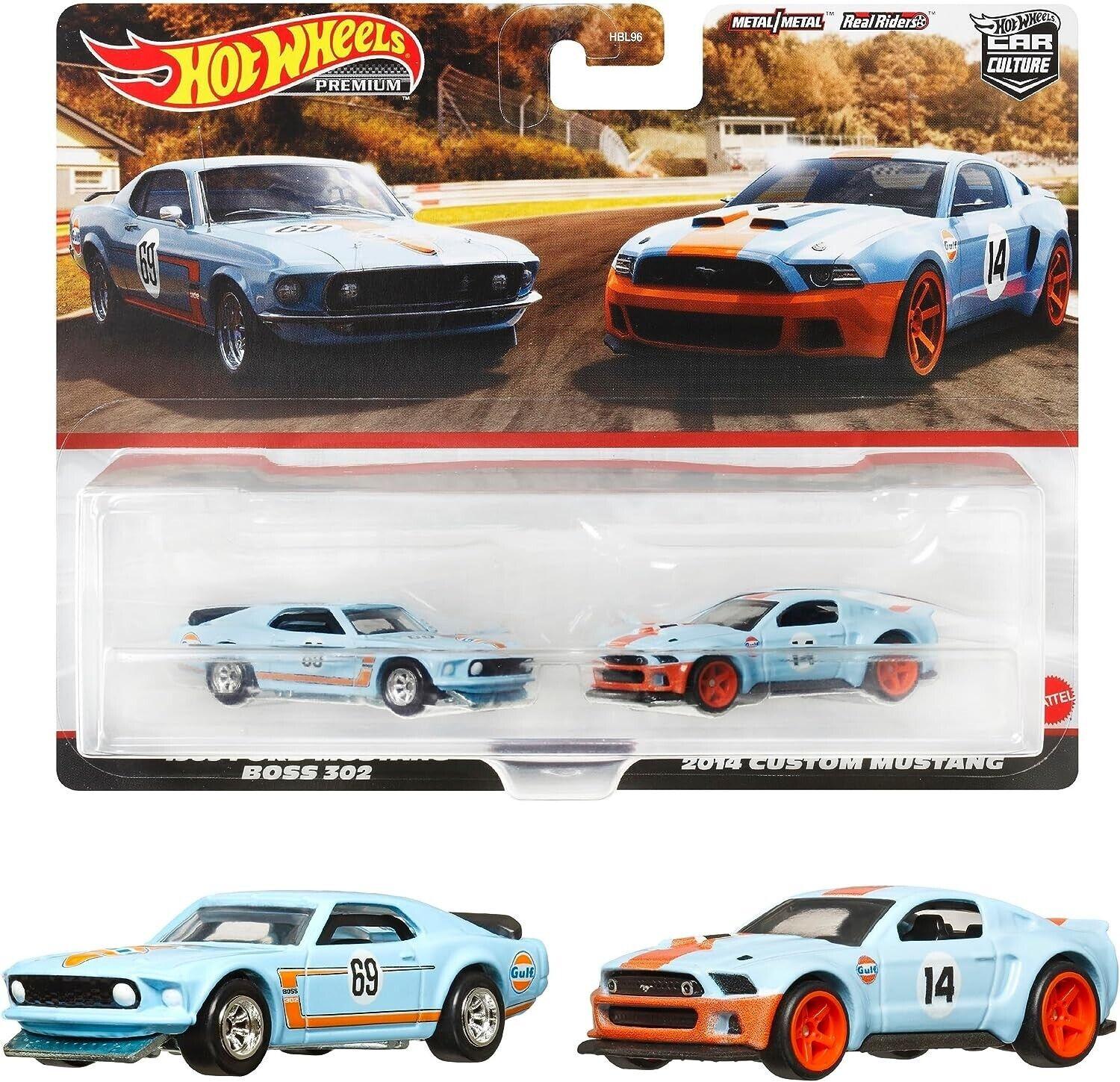 1:64 Hot Wheels 2023 Premium 2-Pack 1969 Ford Mustang Boss + 2014 Mustang GULF