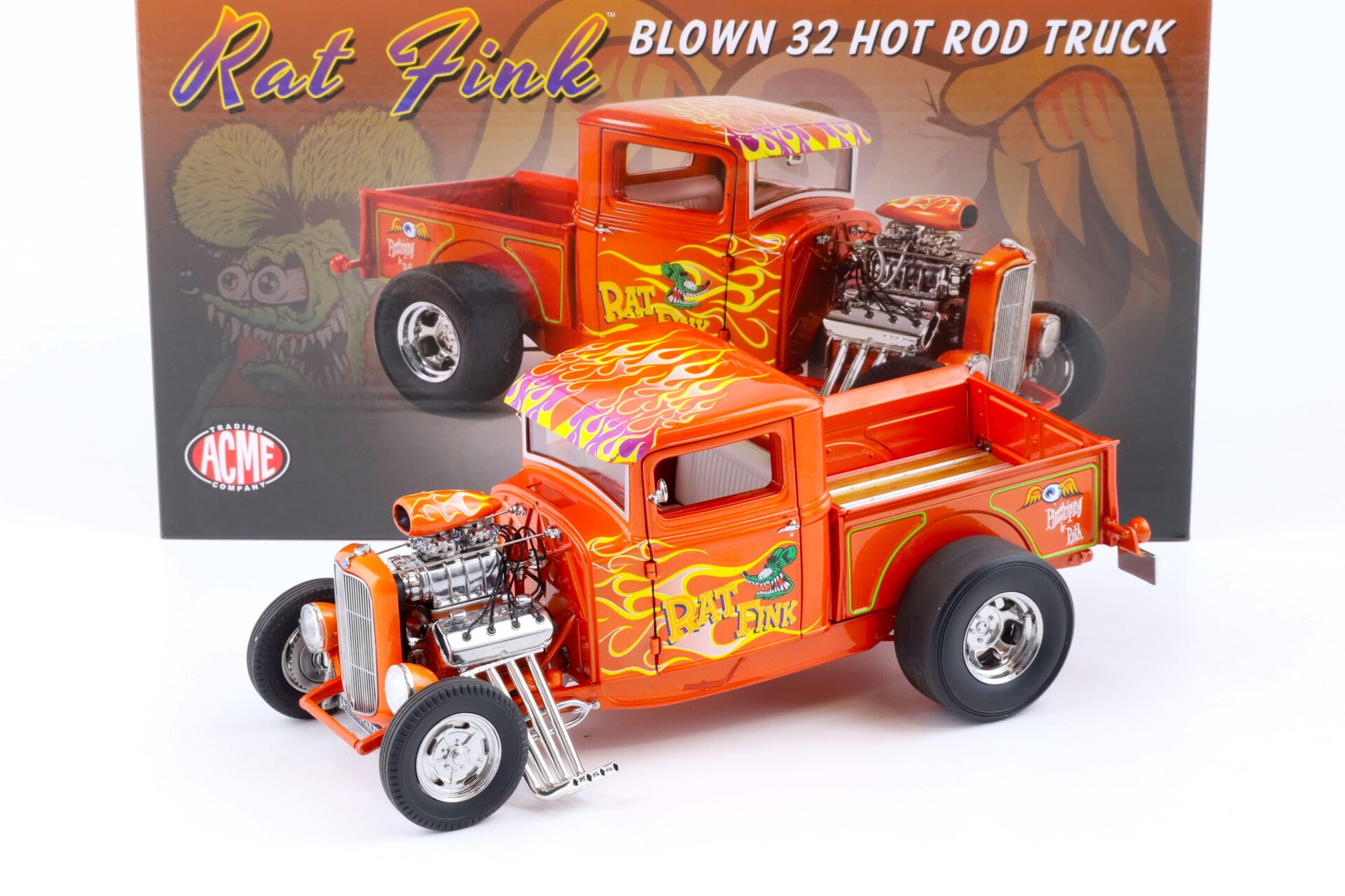 ID 82650 orig.jpg 1:18 ACME 1932 Ford Blown 32 Hot Rod Truck RAT FINK orange A1804102