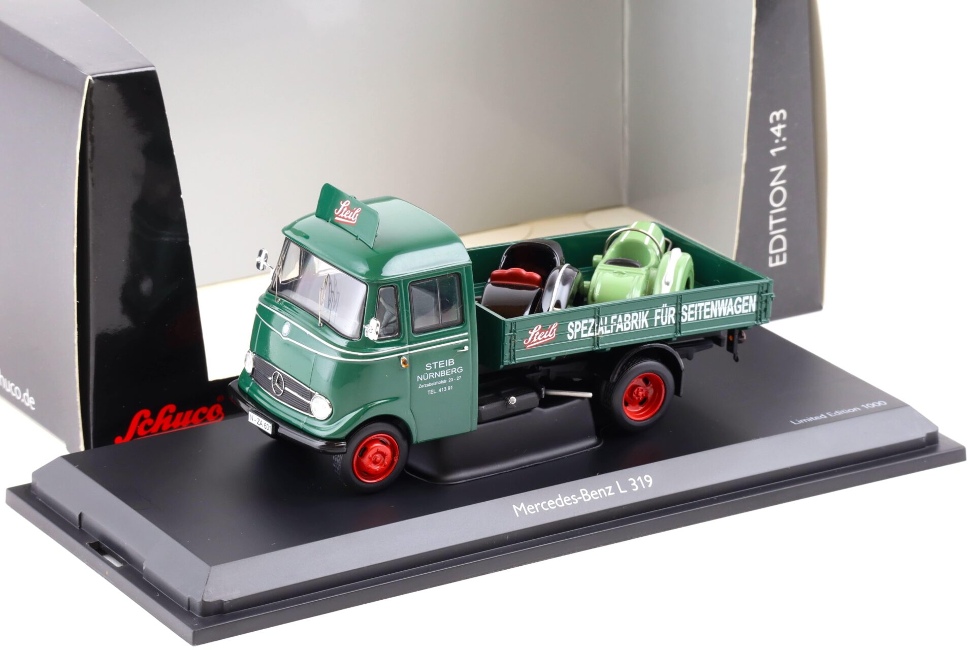 ID 85097 orig.jpg 1:43 Schuco Mercedes L319 Pritsche Steib mit 2 Piccolo Beiwagen green
