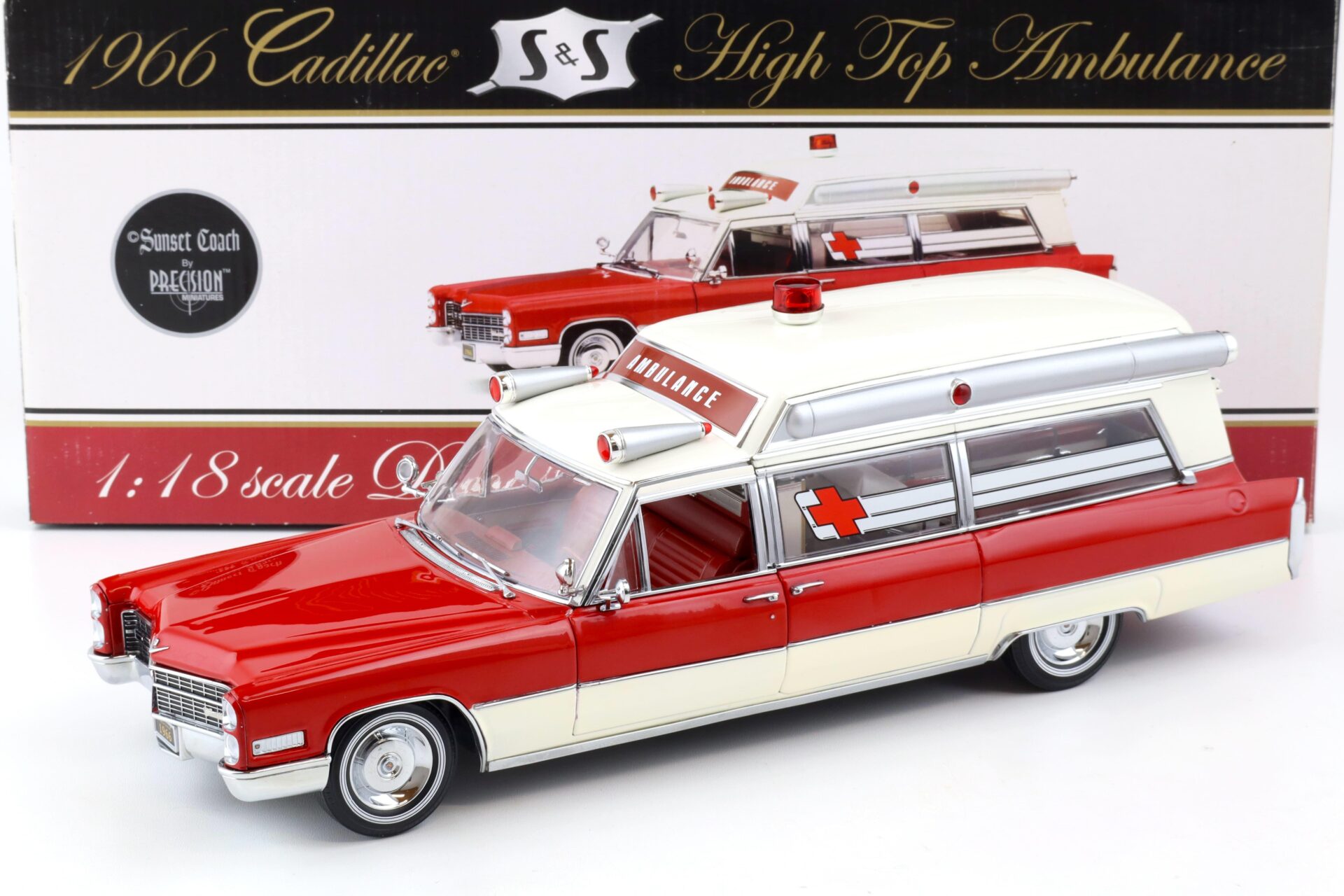 ID 87150 orig.jpg 1:18 Sunset Coach Precision 1966 Cadillac S&S High Top Ambulance red/ white