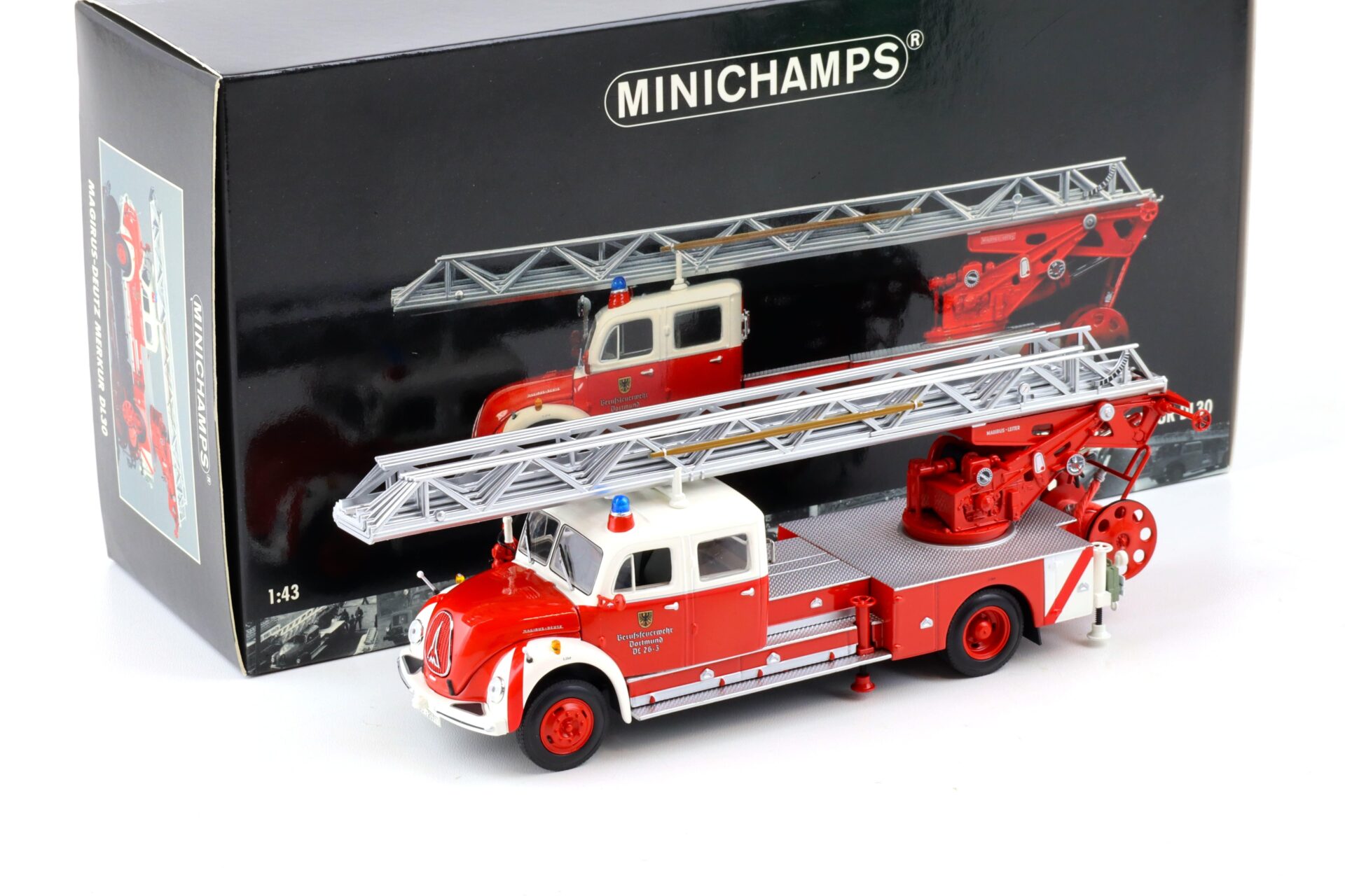 ID 87896 orig 1.jpg 1:43 Minichamps Magirus-Deutz Merkur DL30 Drehleiter Feuerwehr Dortmund red/white