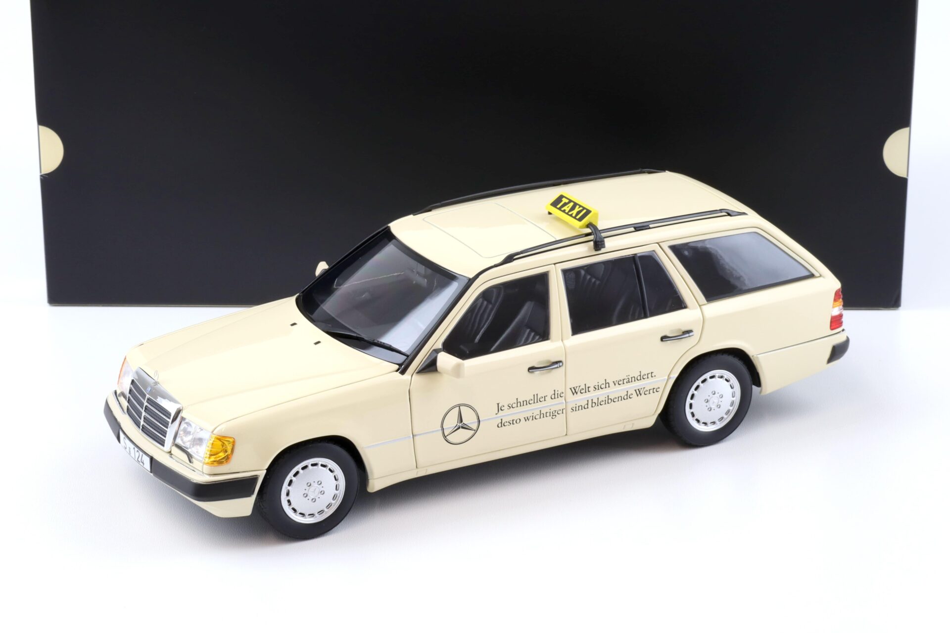 ID 90351 orig.jpg 1:18 Norev Mercedes 300 D T-Modell Estate S124 E-Class TAXI ivory DEALER VERSION
