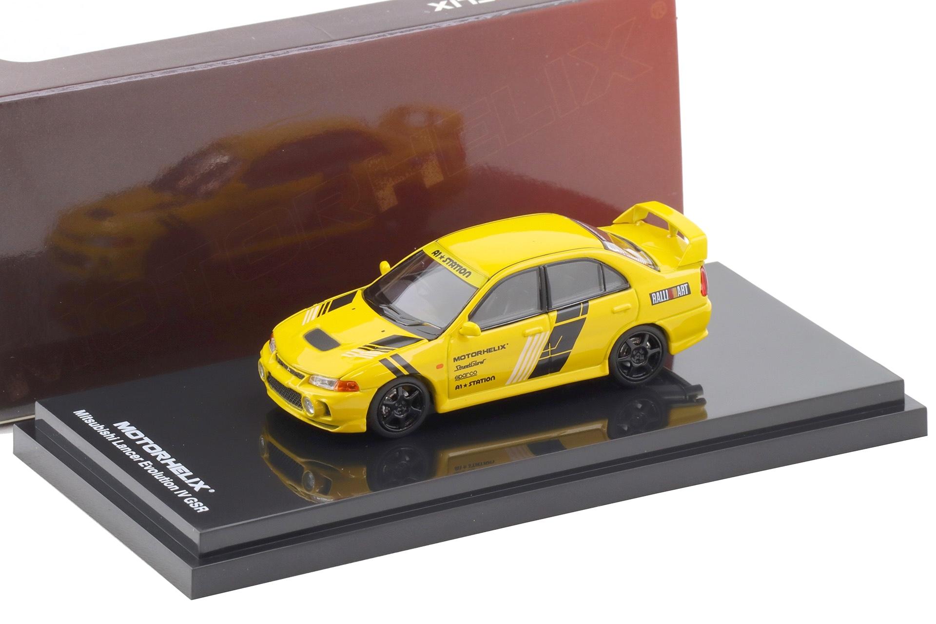 1:64 Motorhelix Mitsubishi Lancer Evo IV GSR Teckwrap Customized yellow