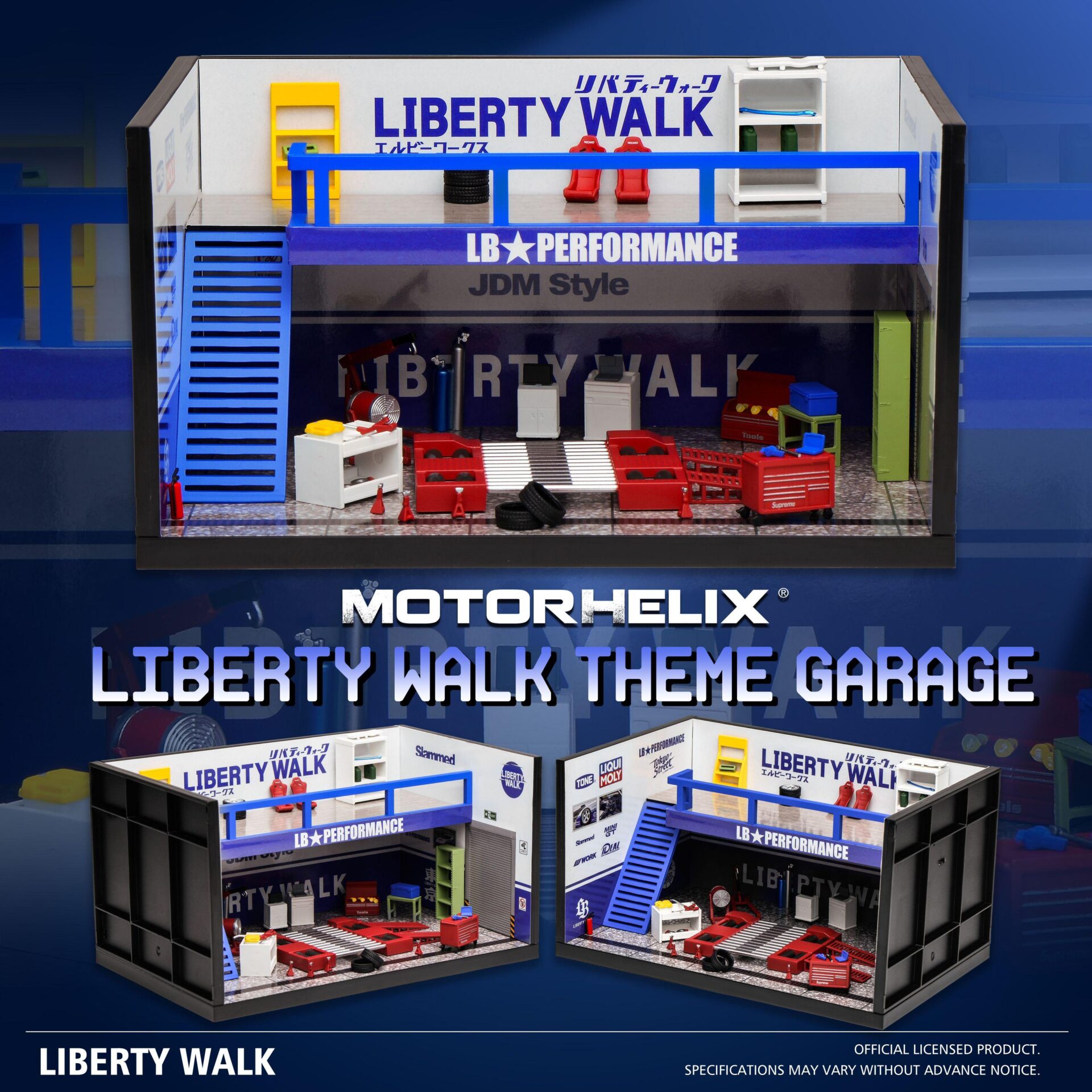 1:64 Motorhelix Diorama Theme Garage Workshop Liberty Walk LB Performance blue M90219