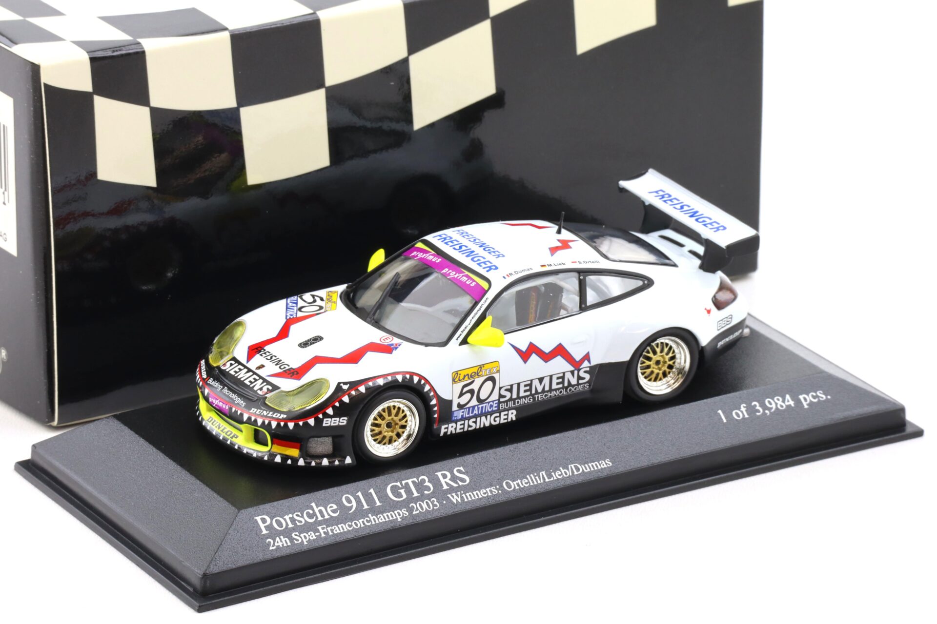 1:43 Minichamps Porsche 911 996 GT3 RS 24h SPA 2003 Winners Ortelli/ Lieb #50