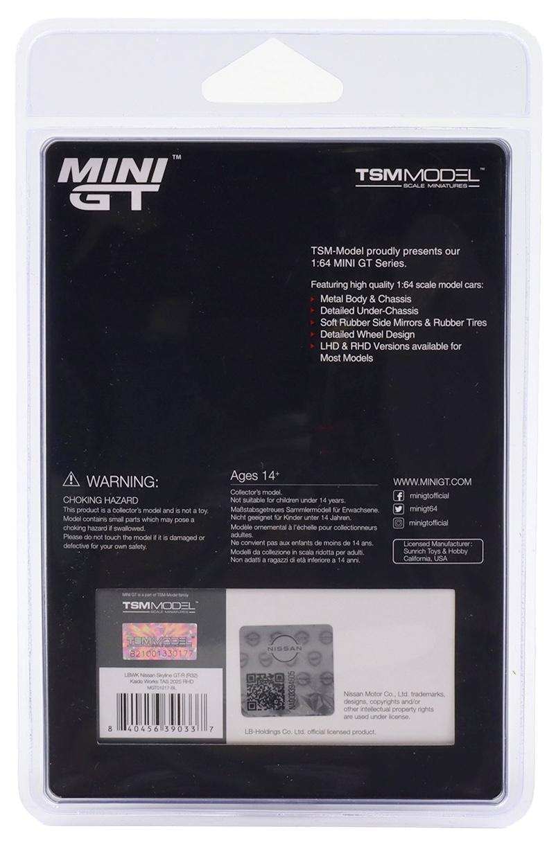 1:64 TSM Mini GT Blister LBWK Nissan Skyline GT-R R32 Kaido Works TAS 2025 white