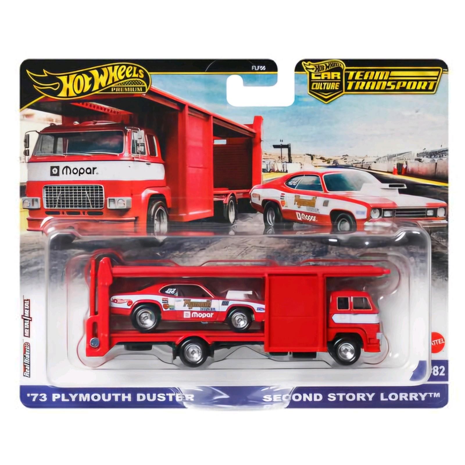 1:64 Hot Wheels Premium 2025 Team Transport JBM38 Plymouth Duster + Second Story Lorry