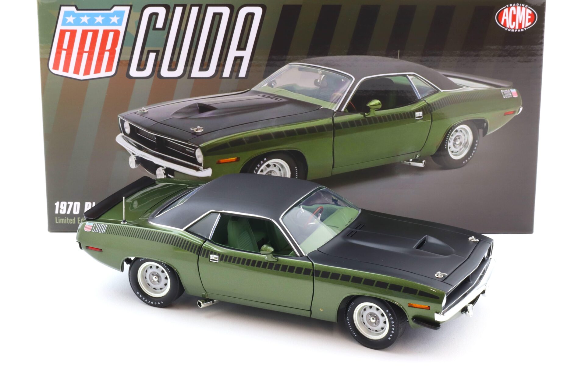 1:18 ACME 1970 Plymouth AAR Cuda Coupe Ivy green metallic Vinyl Top