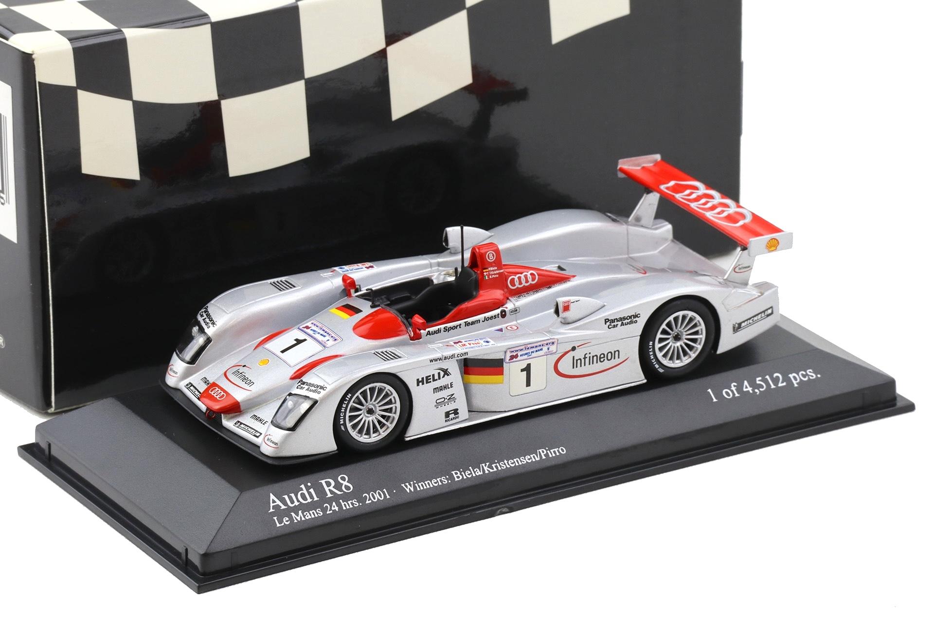 ID 115091.jpg 1:43 Minichamps Audi R8 Le Mans 24hrs. 2001 Winners Biela/ Kristensen/ Pirro #1