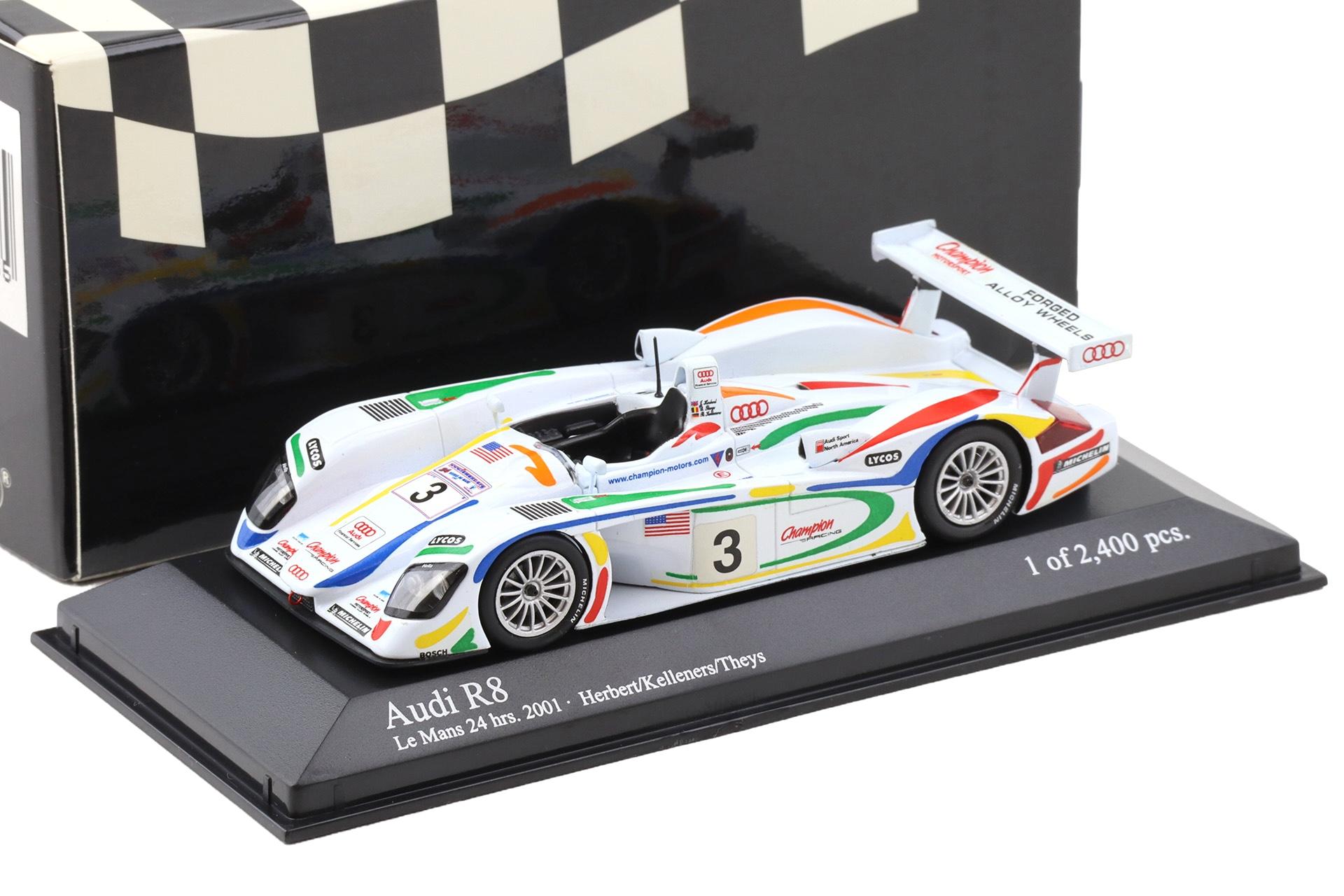 1:43 Minichamps Audi R8 Le Mans 24h 2001 Herbert/Kelleners/Theys #3