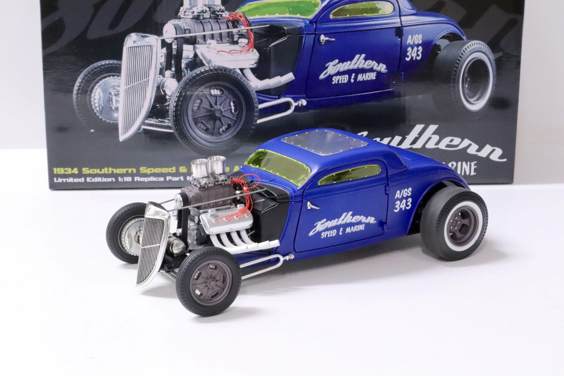 ID 62683.jpg 1:18 GMP Hot Rod 1934 Blown Altered Coupe Southern Speed & Marine blue