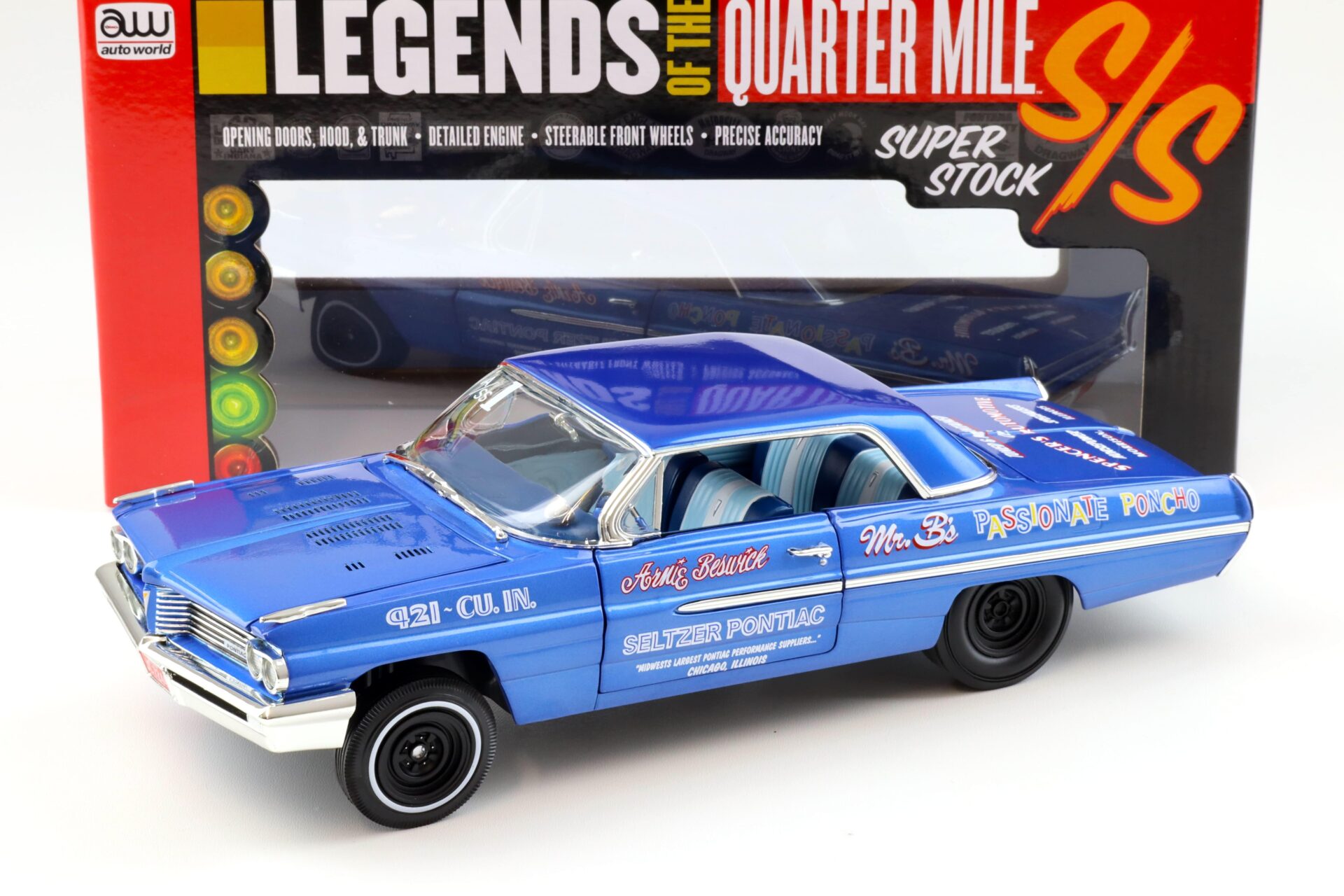 1:18 Auto World 1962 Pontiac Catalina Arnie Beswick Mr. Bs Passionate Poncho Ensign Blue